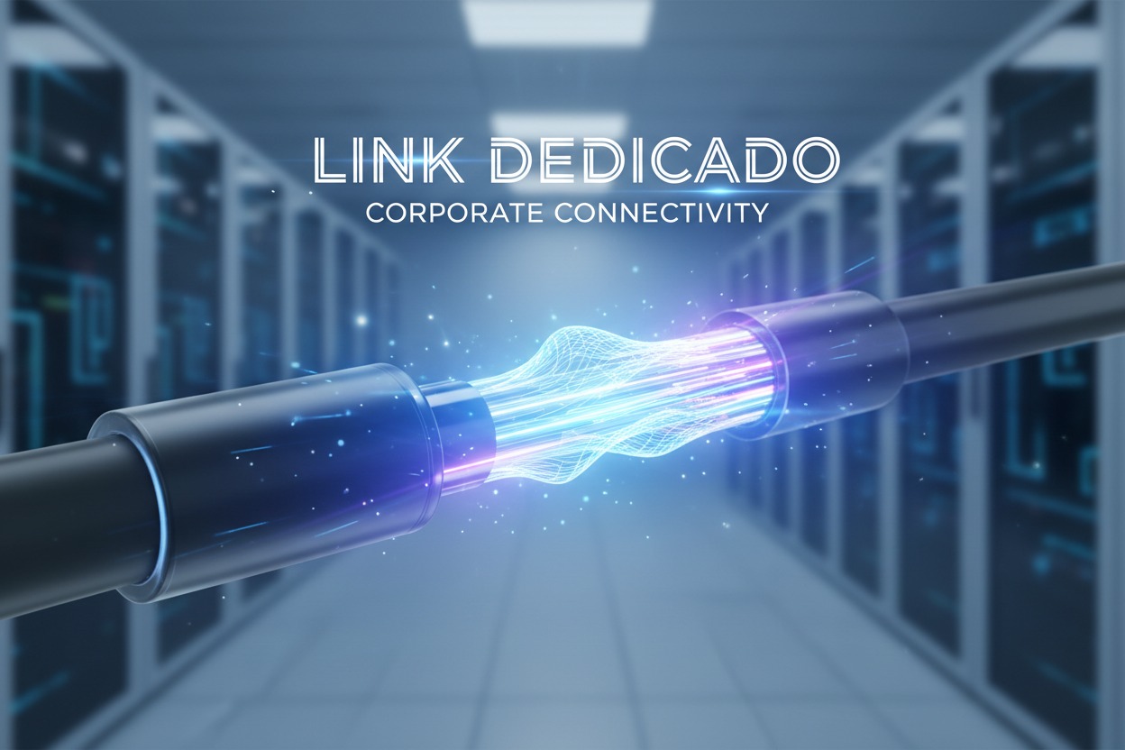 Dois cabos de fibra ótica conectados com feixes de luz azul brilhante no centro, sobre um fundo desfocado de sala de servidores e o texto "LINK DEDICADO CORPORATE CONNECTIVITY".