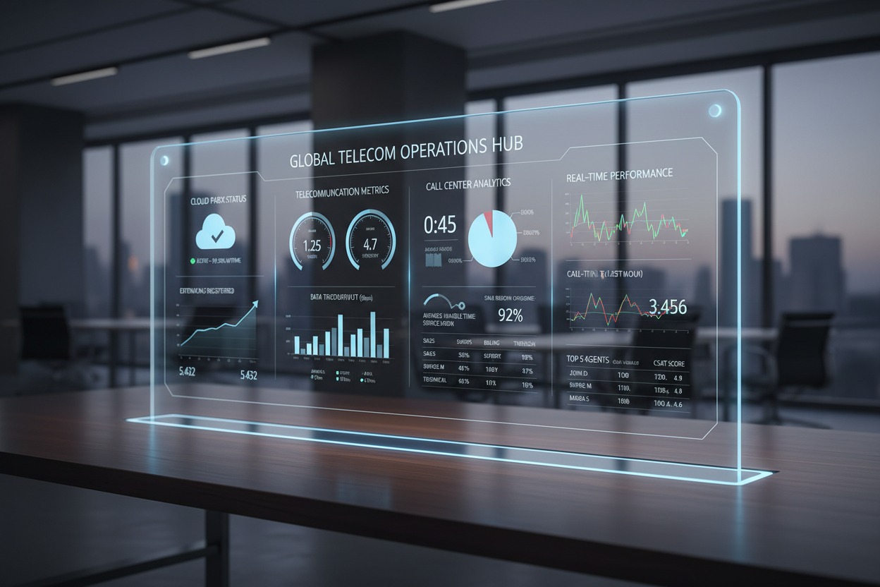 Painel de vidro transparente com gráficos e métricas de telecomunicações exibidos em uma tela holográfica azul sobre uma mesa de escritório.